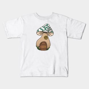 Teal Mushroom House Fantasy Print Kids T-Shirt
